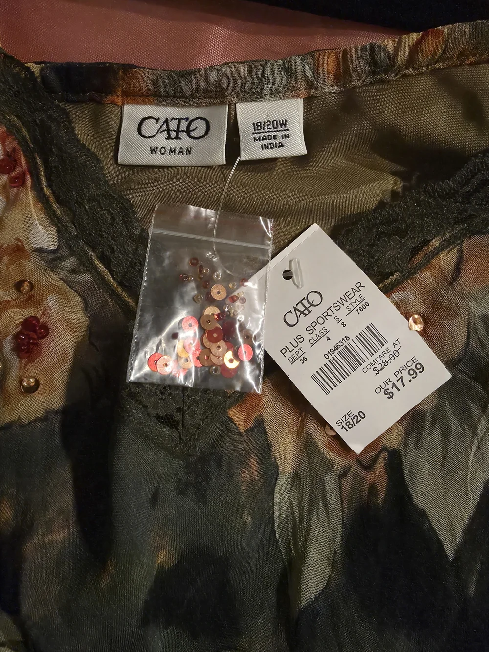 Y2K Cato Size 18/20W  Floral Lace-Trim Camisole - Green & Peach